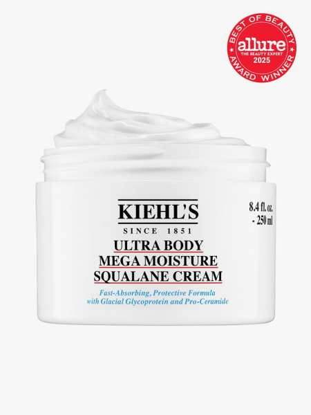 Kiehl’s Ultra Body Mega Moisture Squalane Cream in branded white jar on light gray background with red Allure Best of Beauty seal in the top right corner